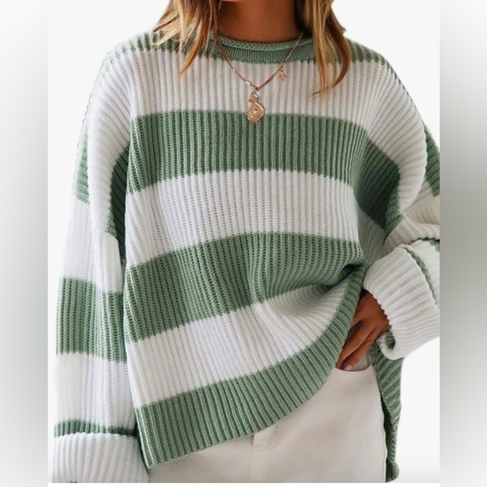 NWT ZESICA CREW NECK STRIPED COMFY LOOSE OVERSIZED KNITTED PULLOVER SWEATER•S/M